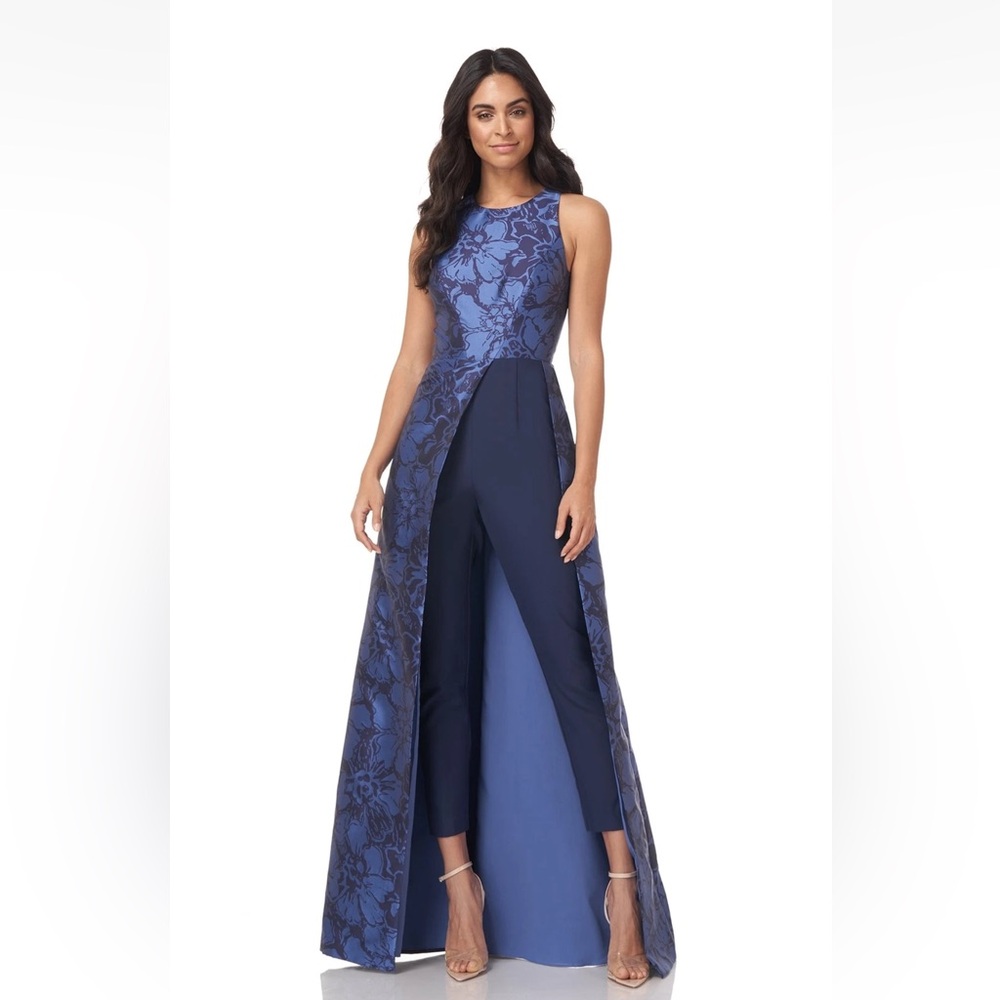 Kay Unger Blue Floral Walk Thru Jumpsuit